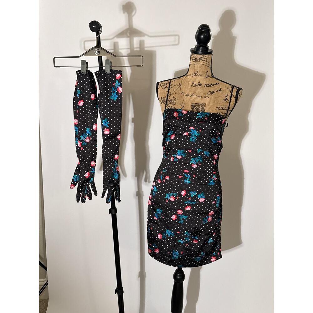 For Love and Lemons Posey Mini Dress Micro Dot Floral Cottage Goth with Gloves M